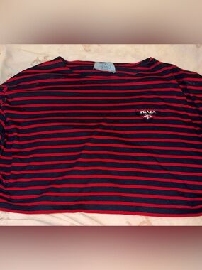 Prada Red & Navy Striped Short Sleeve Crewneck Tee